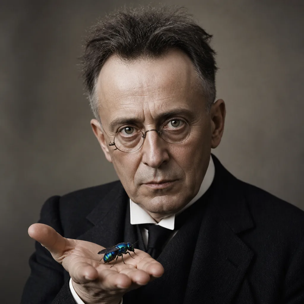 Karl Kraus, editorial close-up, Vienna, with the emerald cockroach wasp resting on his hand. Brussels Chapter patron, posthumously consulted.
