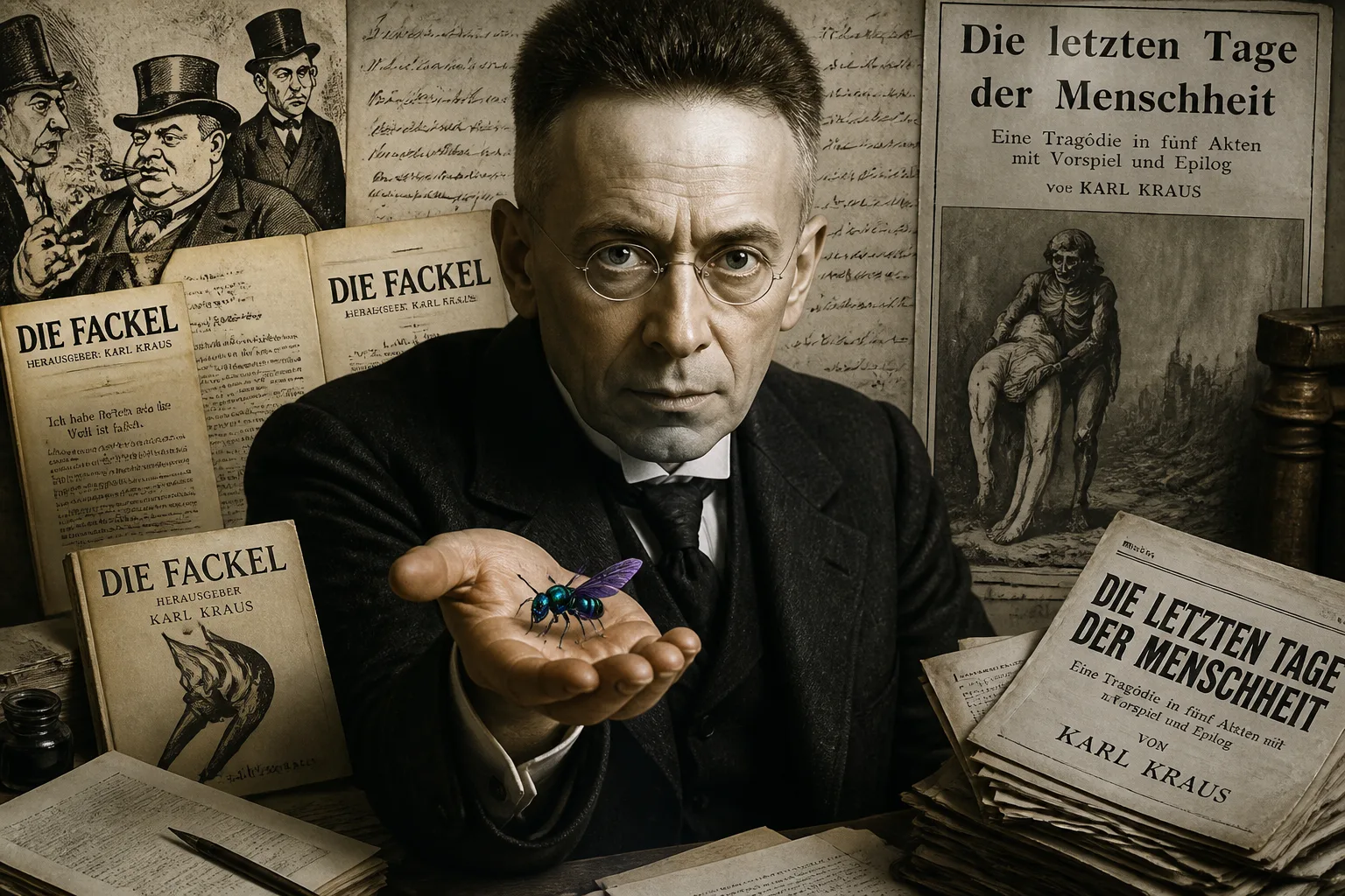 Karl Kraus at his Vienna desk, surrounded by copies of Die Fackel and Die letzten Tage der Menschheit, with the emerald cockroach wasp on his hand. Brussels Chapter patron, posthumously consulted.