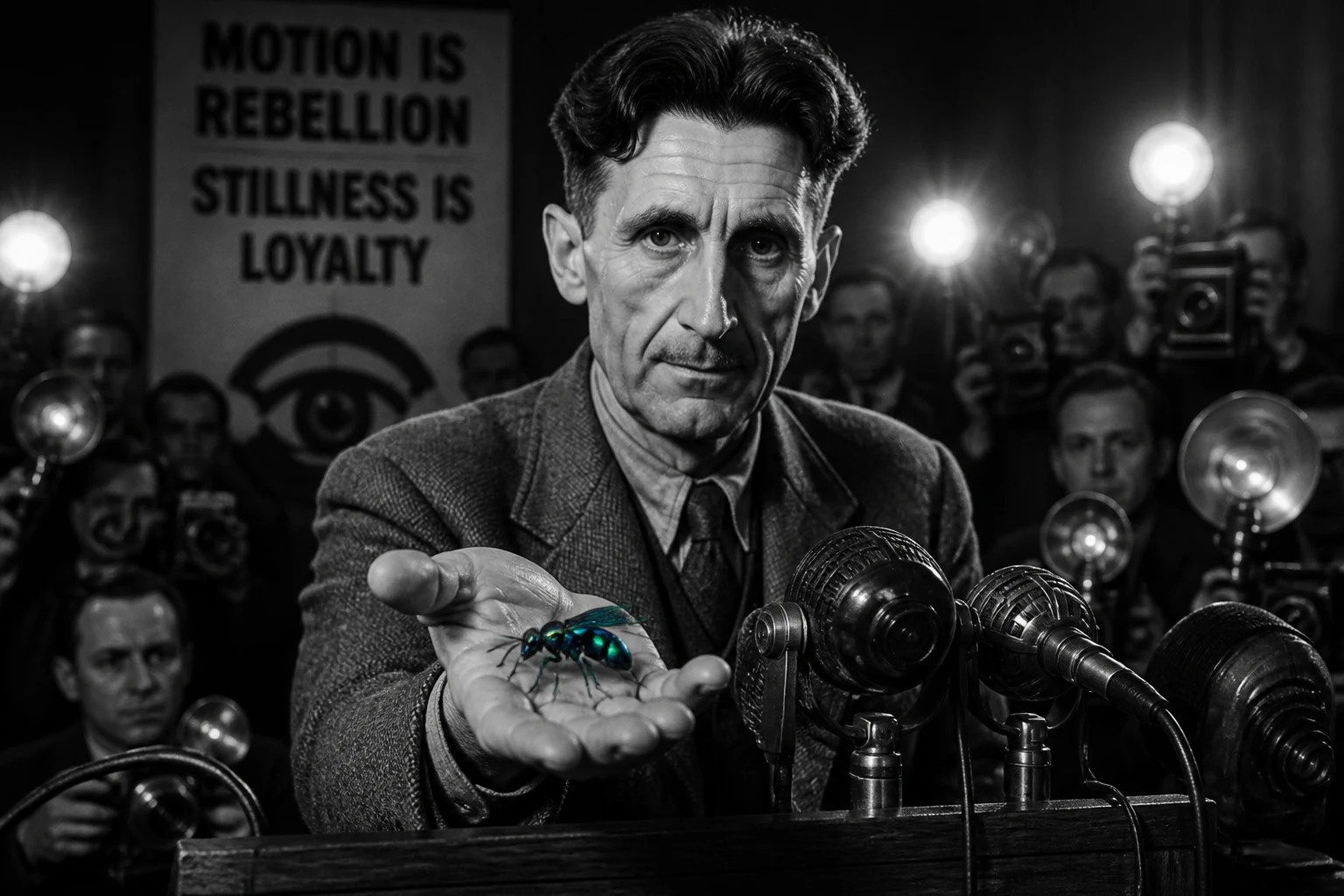 George Orwell at the podium, the emerald cockroach wasp on his hand. The press is in the frame. The banner behind reads: motion is rebellion, stillness is loyalty. ECWP founding analyst, posthumously consulted.