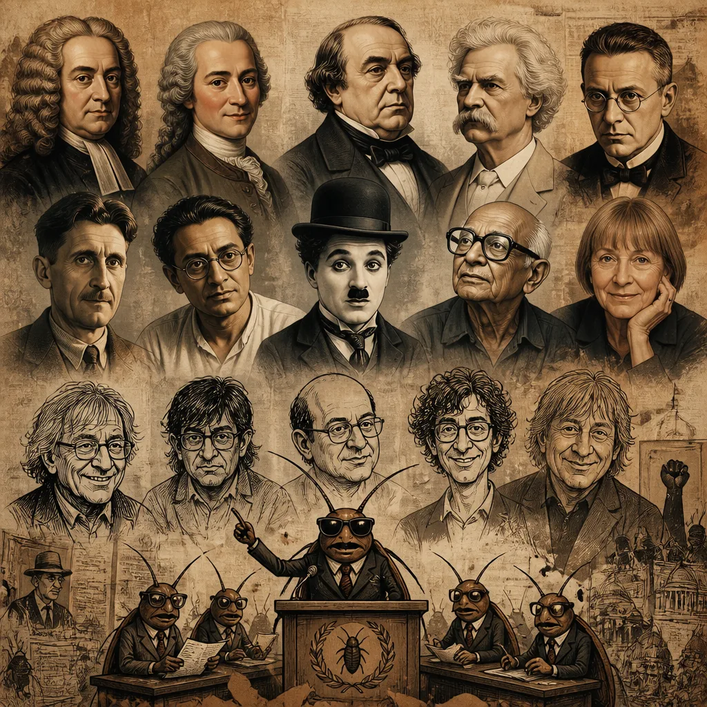 A composed portrait of the lineage. Top rows: Swift, Voltaire, Daumier, Twain, Kraus; middle rows: Orwell, Manto, Chaplin, Laxman, Cope; lower rows: the five murdered Charlie Hebdo cartoonists in their own line-drawn style (Cabu, Charb, Honoré, Tignous, Wolinski); and at the foot, the Cockroach Janta Party at the podium beneath the ECWP sigil.