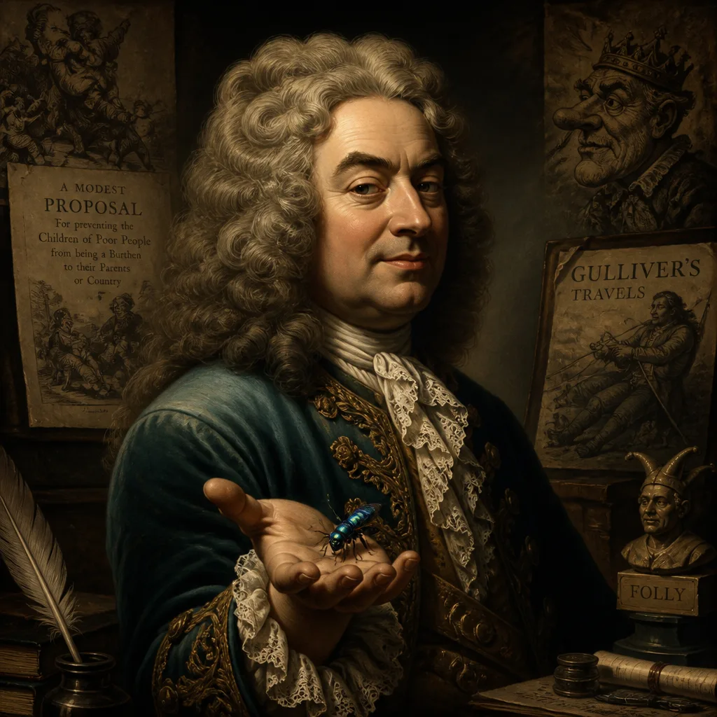Jonathan Swift at his writing-desk, with copies of A Modest Proposal and Gulliver's Travels visible, holding the emerald cockroach wasp on his hand.